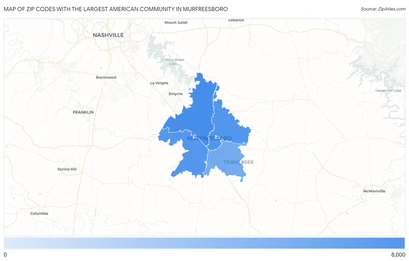 Zip Codes with the Largest American Community in Murfreesboro Map