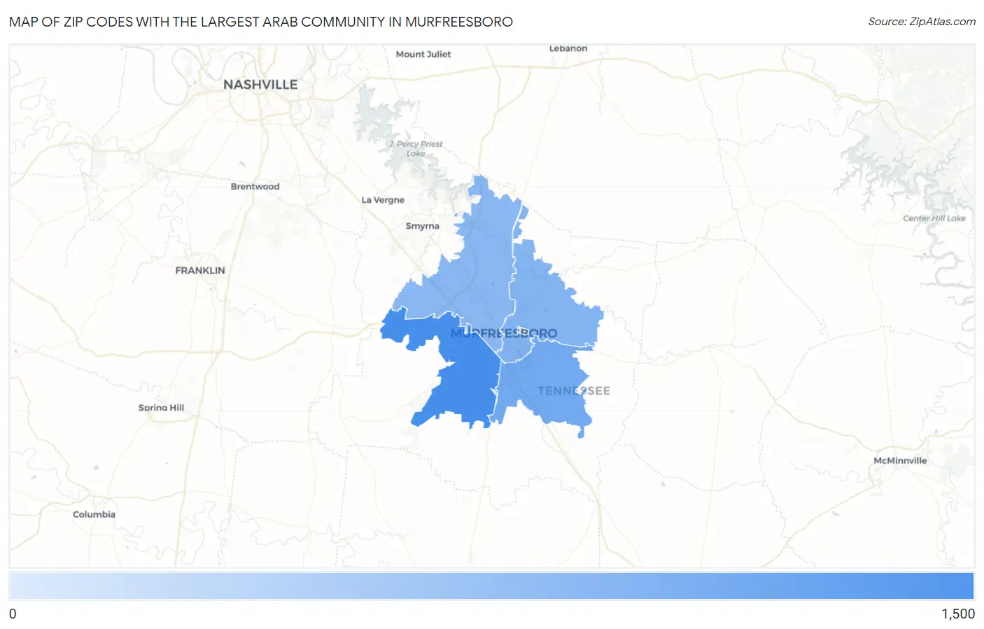 Zip Codes with the Largest Arab Community in Murfreesboro Map