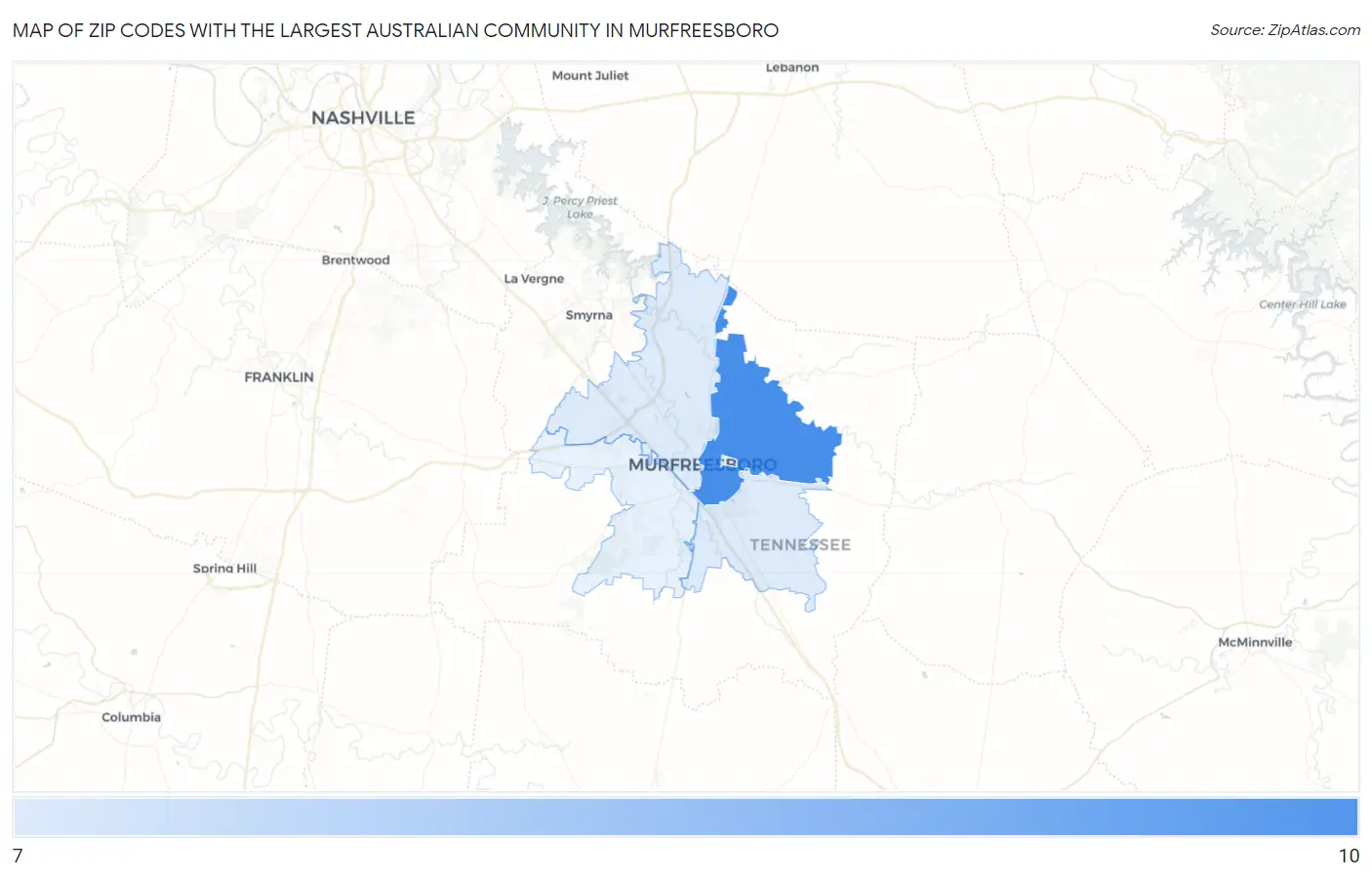 Zip Codes with the Largest Australian Community in Murfreesboro Map