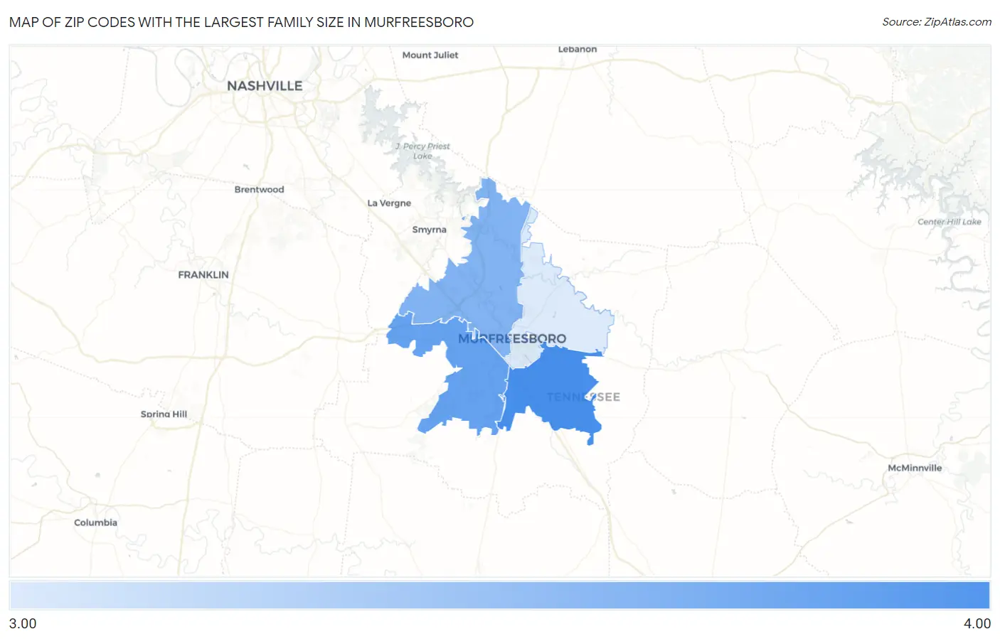Zip Codes with the Largest Family Size in Murfreesboro Map