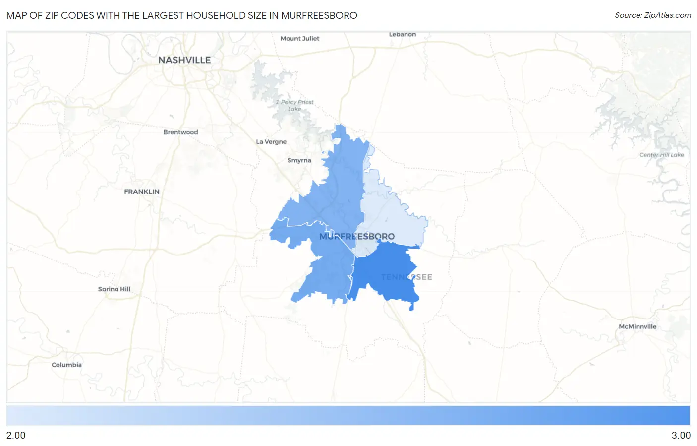 Zip Codes with the Largest Household Size in Murfreesboro Map