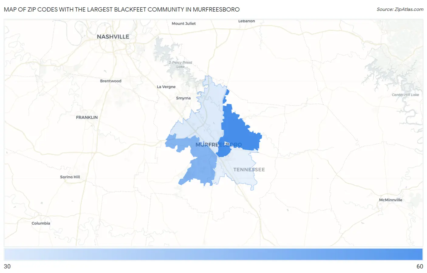 Zip Codes with the Largest Blackfeet Community in Murfreesboro Map
