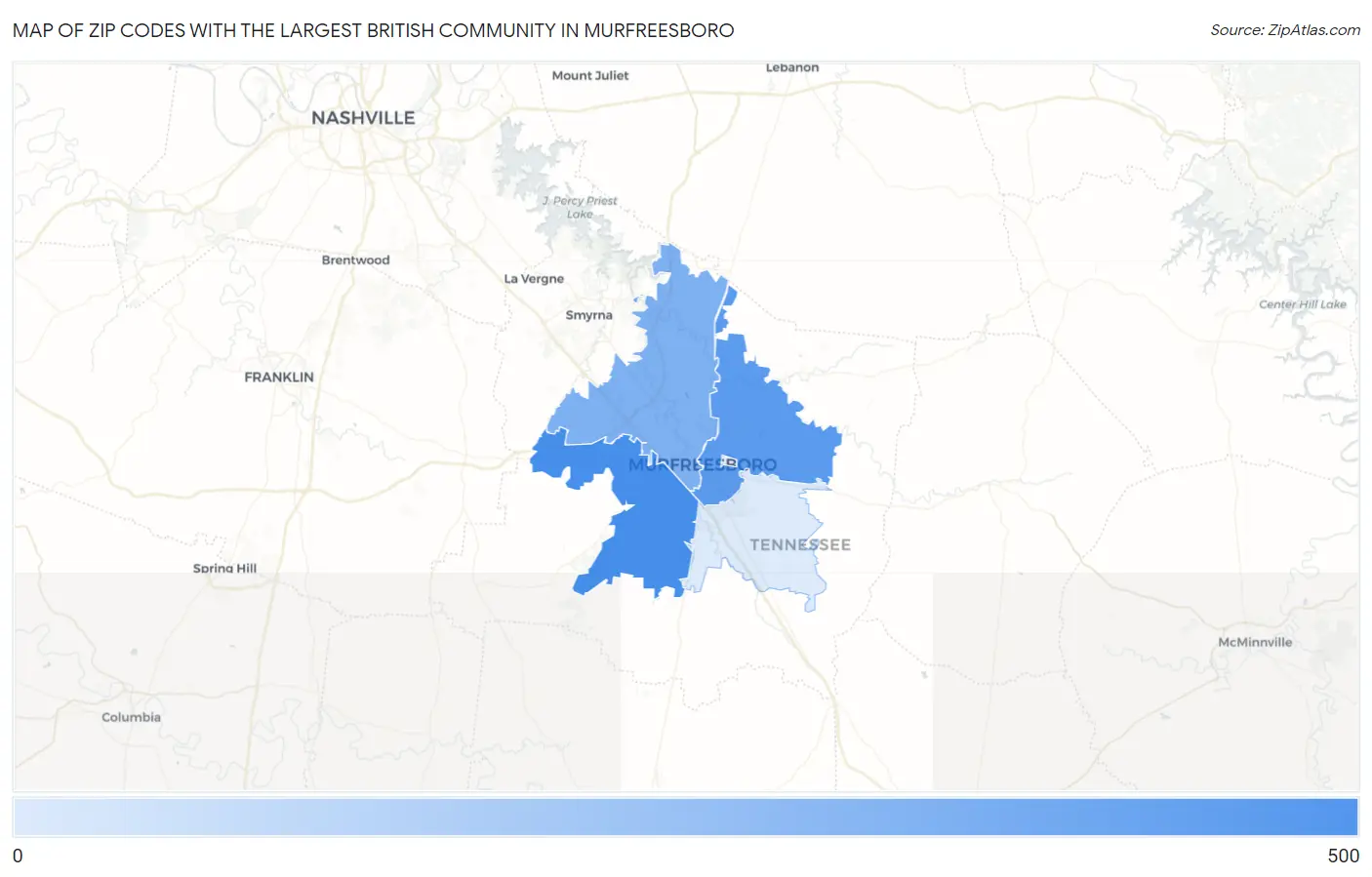 Zip Codes with the Largest British Community in Murfreesboro Map
