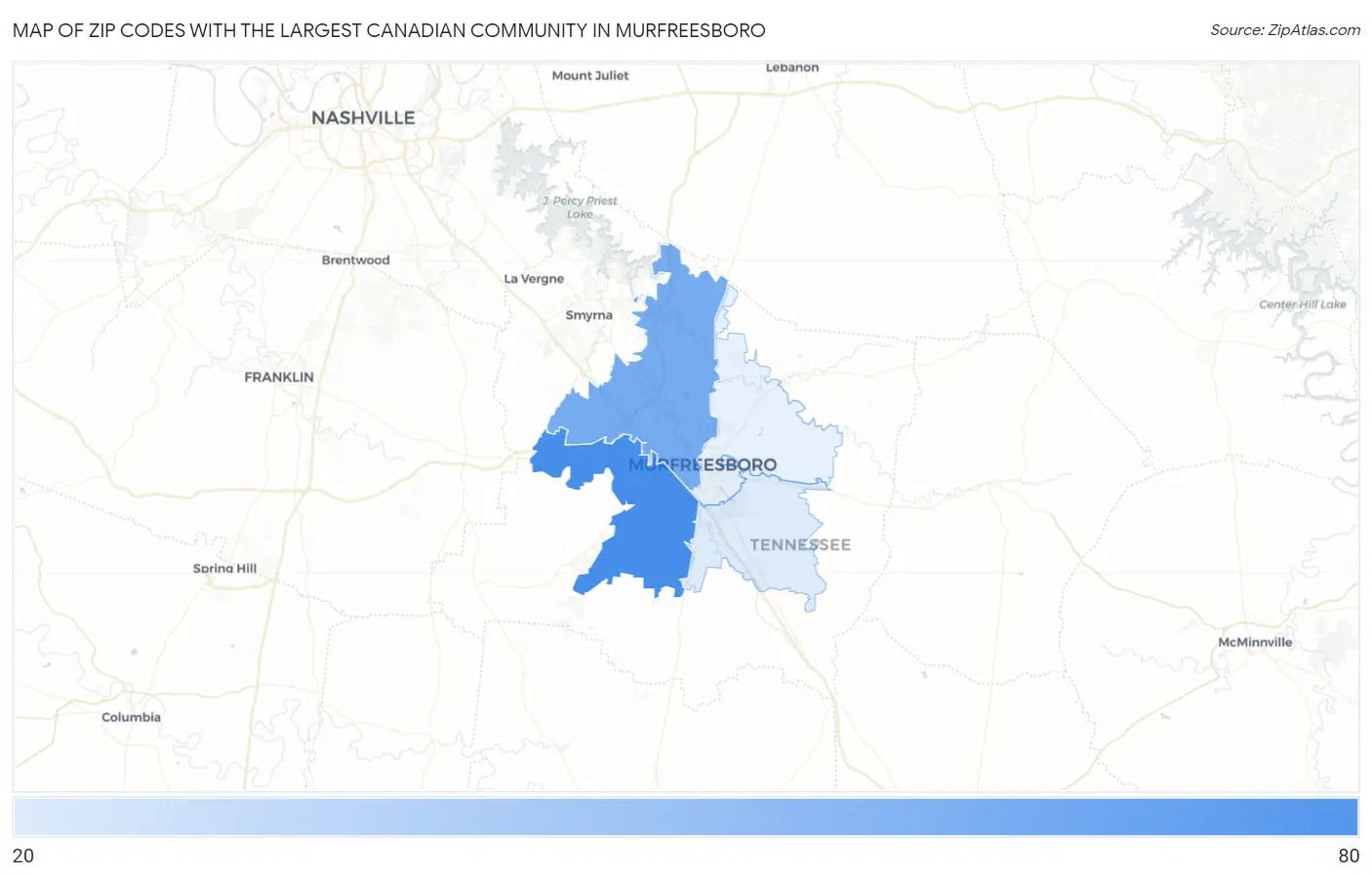 Zip Codes with the Largest Canadian Community in Murfreesboro Map
