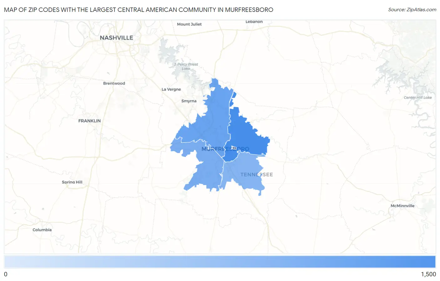 Zip Codes with the Largest Central American Community in Murfreesboro Map