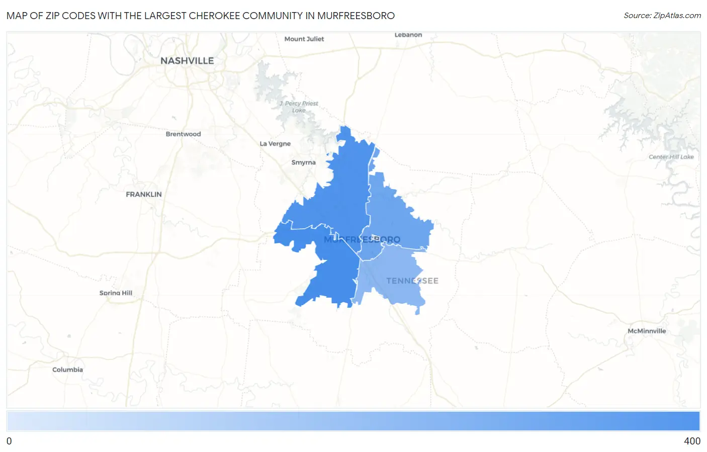 Zip Codes with the Largest Cherokee Community in Murfreesboro Map