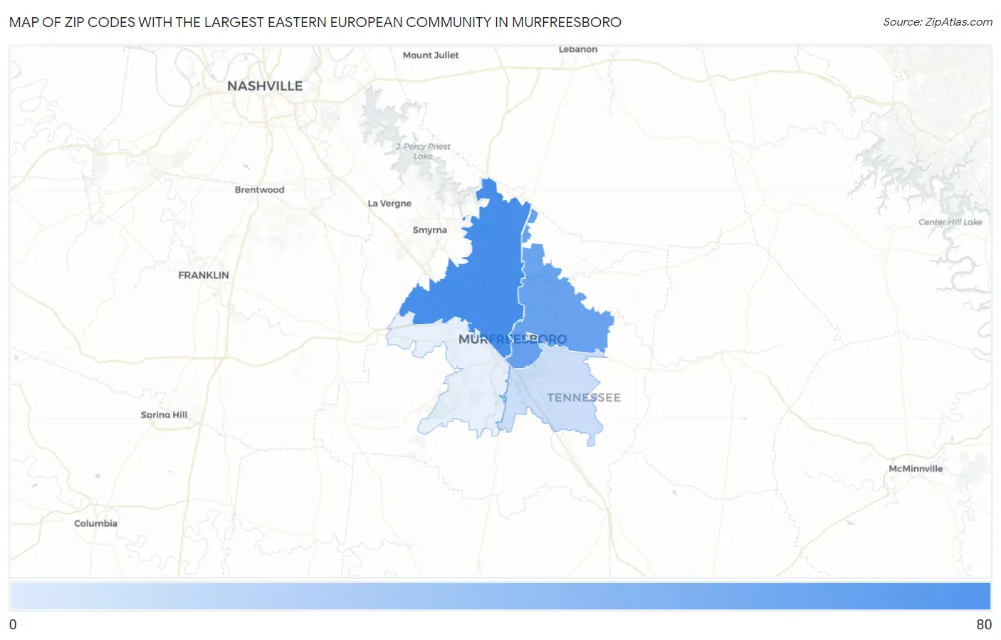 Zip Codes with the Largest Eastern European Community in Murfreesboro Map
