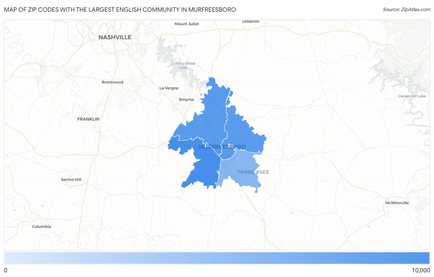 Zip Codes with the Largest English Community in Murfreesboro Map