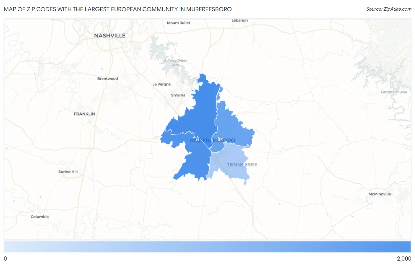 Zip Codes with the Largest European Community in Murfreesboro Map