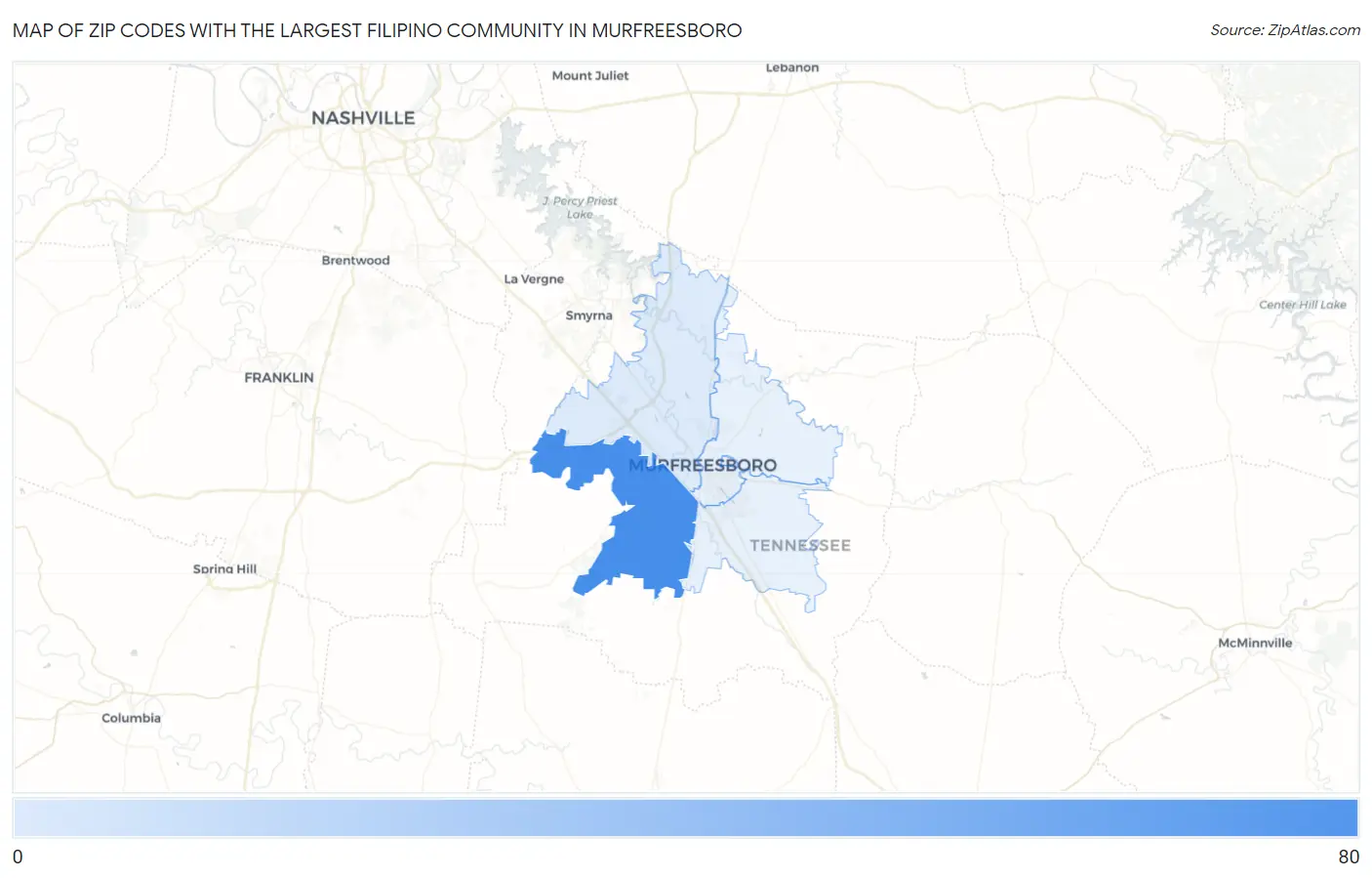 Zip Codes with the Largest Filipino Community in Murfreesboro Map