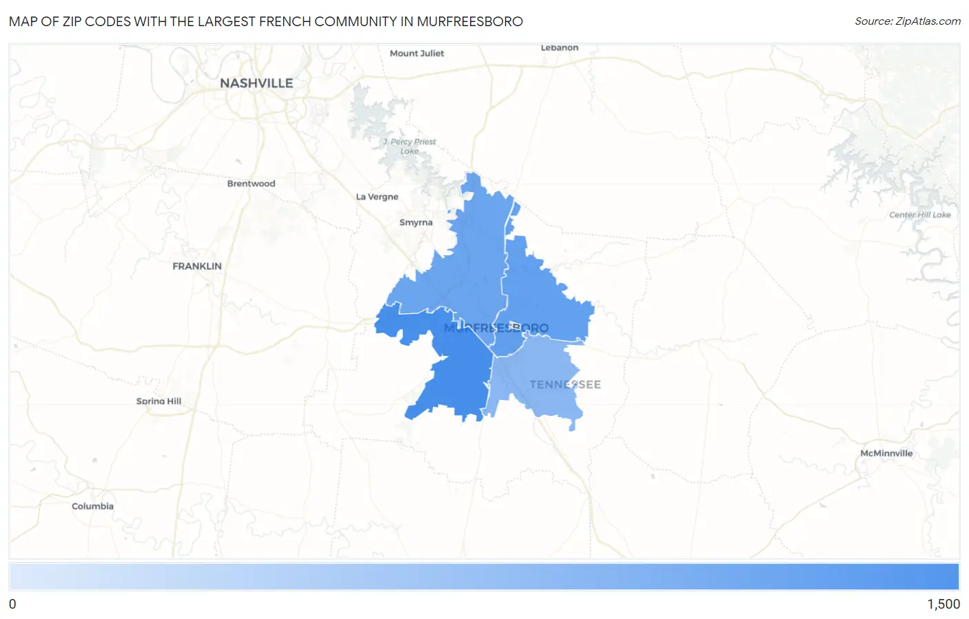 Zip Codes with the Largest French Community in Murfreesboro Map