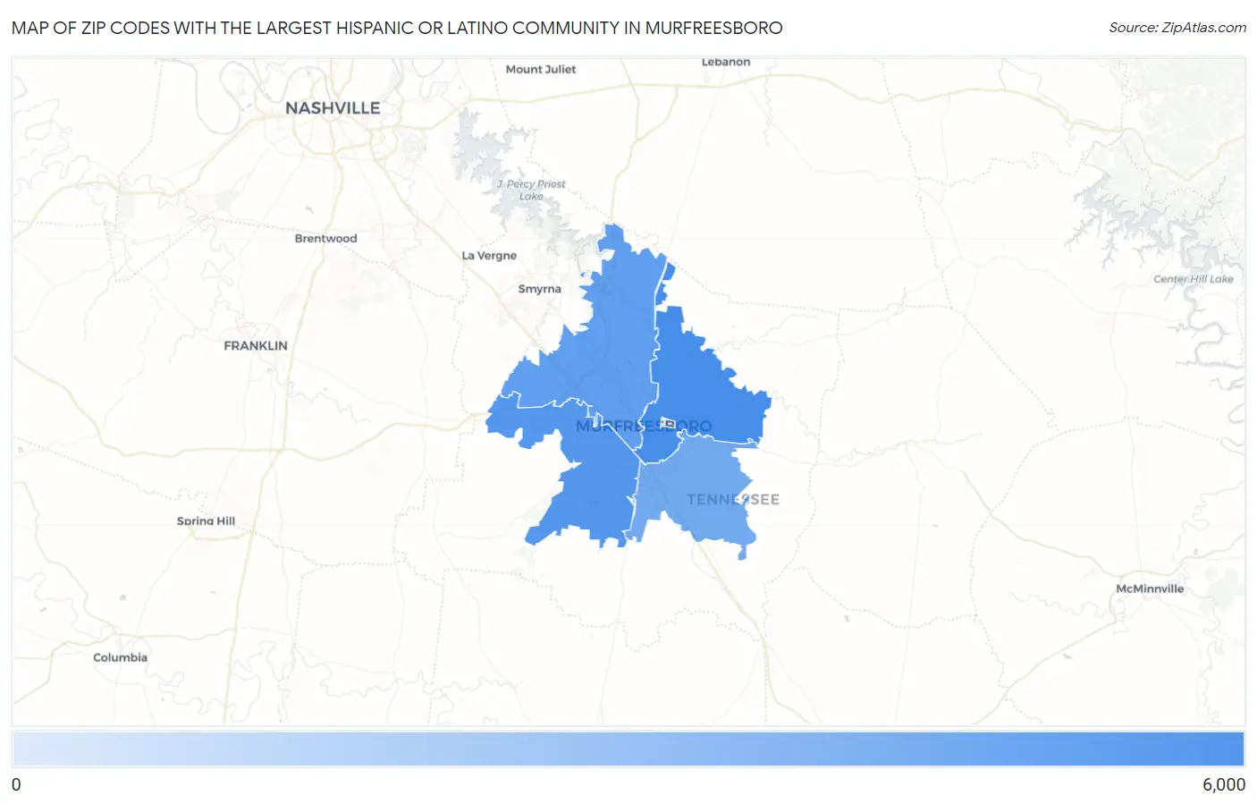 Zip Codes with the Largest Hispanic or Latino Community in Murfreesboro Map