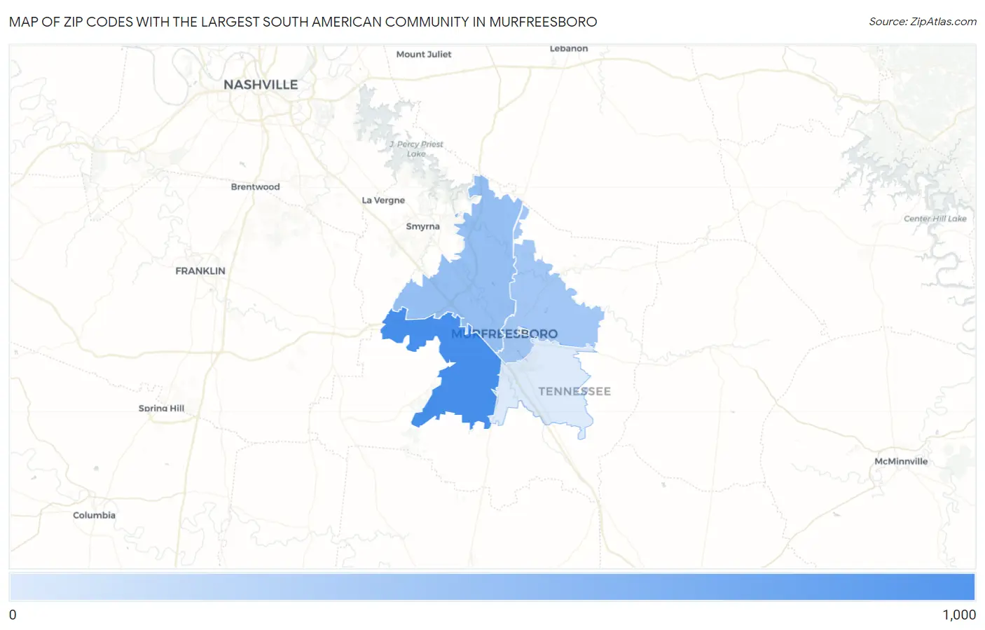 Zip Codes with the Largest South American Community in Murfreesboro Map