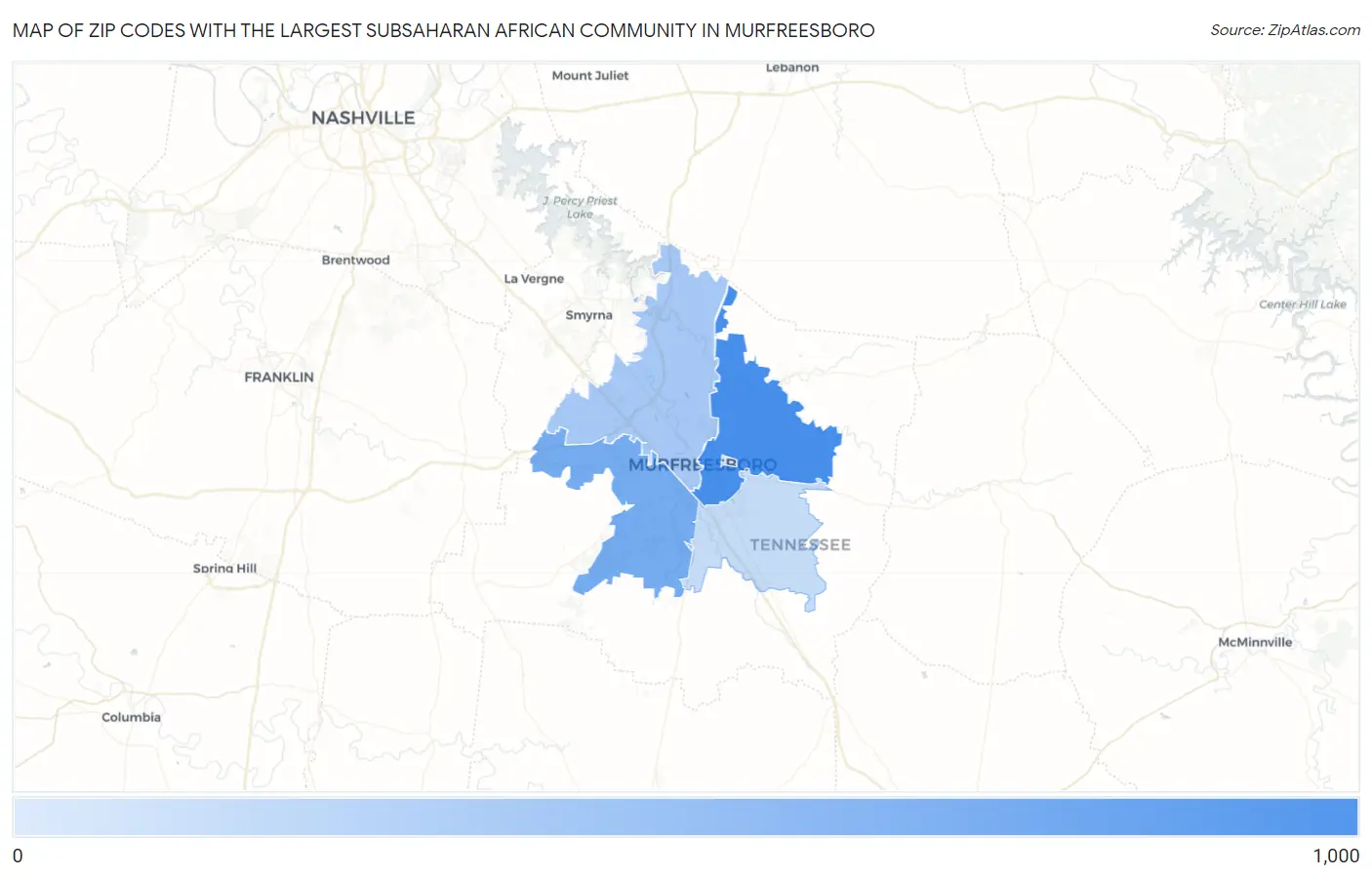 Zip Codes with the Largest Subsaharan African Community in Murfreesboro Map