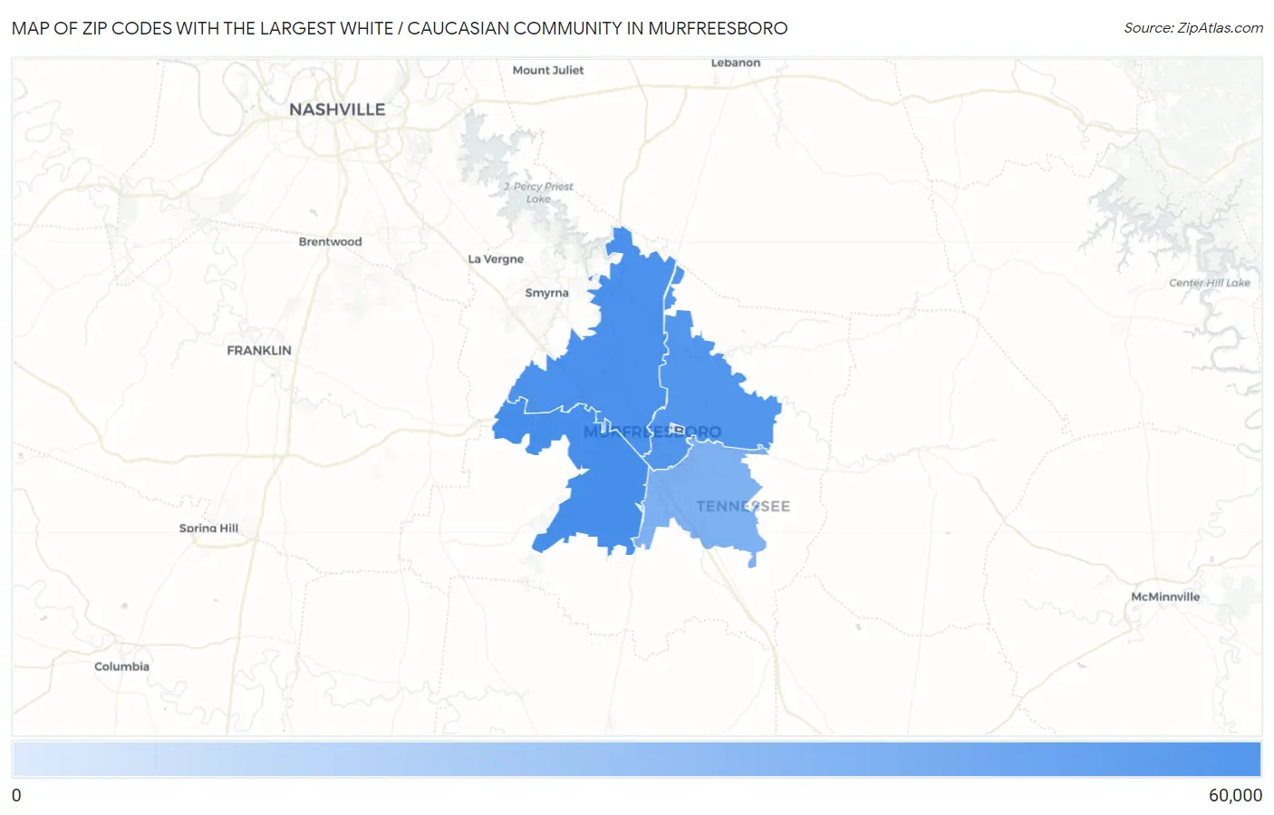Zip Codes with the Largest White / Caucasian Community in Murfreesboro Map