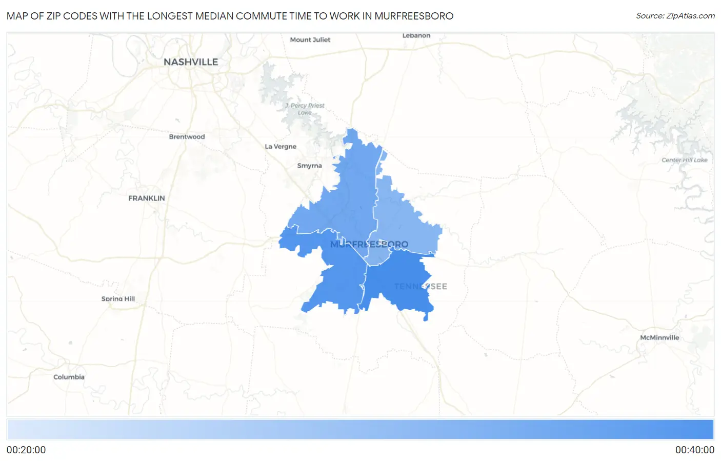 Zip Codes with the Longest Median Commute Time to Work in Murfreesboro Map