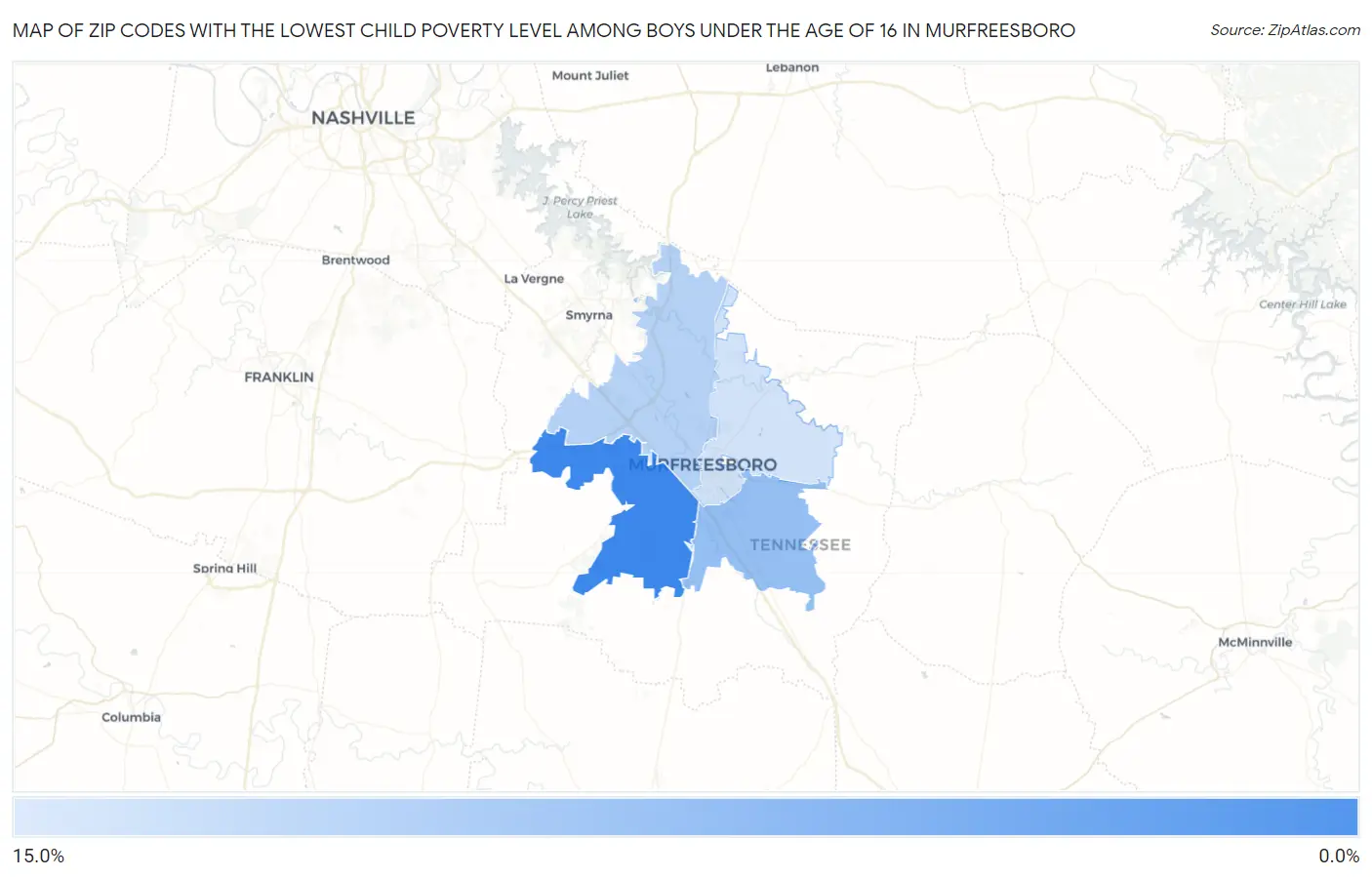 Zip Codes with the Lowest Child Poverty Level Among Boys Under the Age of 16 in Murfreesboro Map