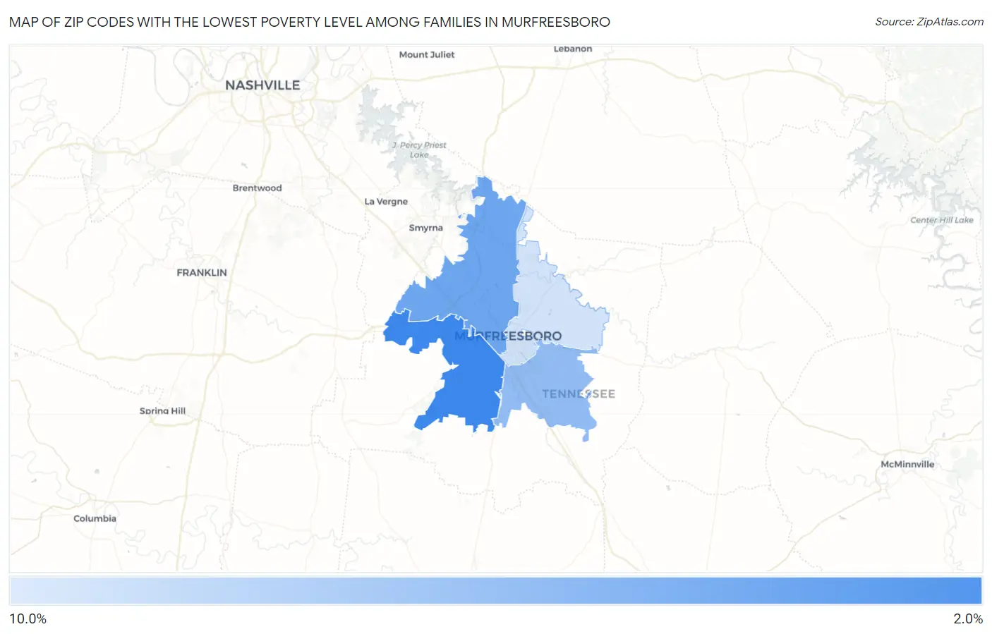Zip Codes with the Lowest Poverty Level Among Families in Murfreesboro Map