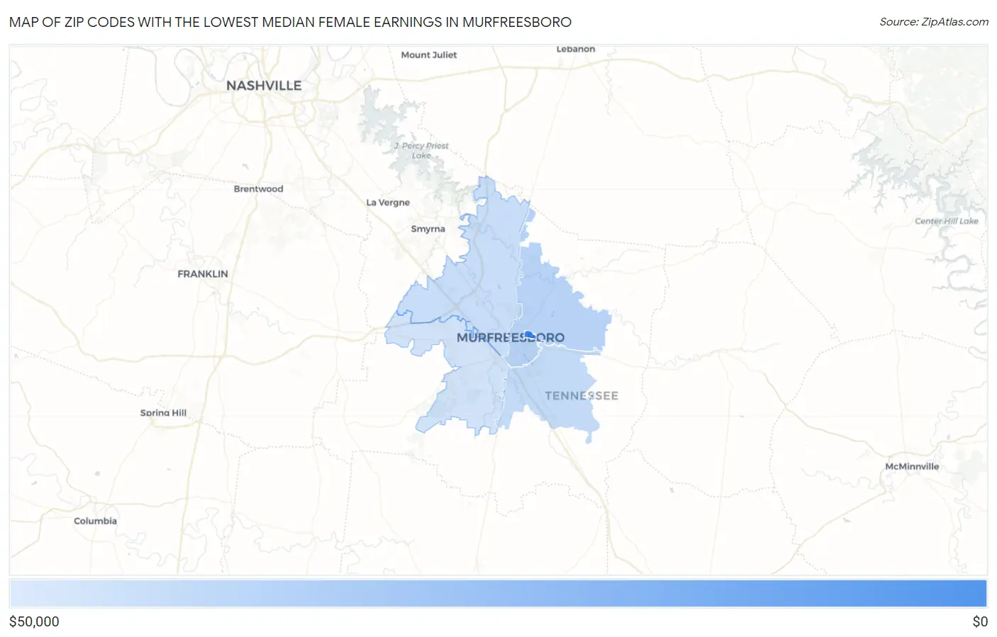 Zip Codes with the Lowest Median Female Earnings in Murfreesboro Map
