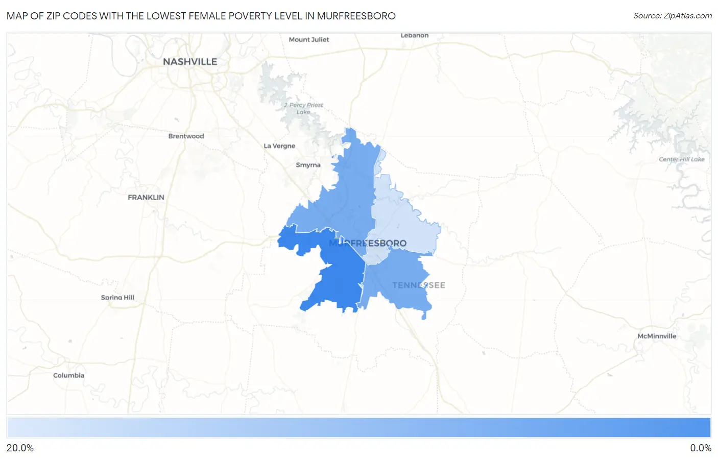 Zip Codes with the Lowest Female Poverty Level in Murfreesboro Map