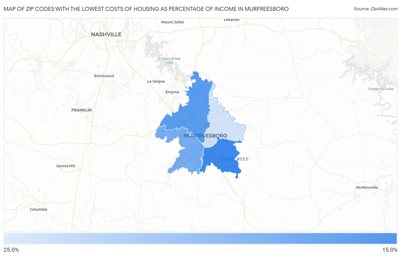 Zip Codes with the Lowest Costs of Housing as Percentage of Income in Murfreesboro Map