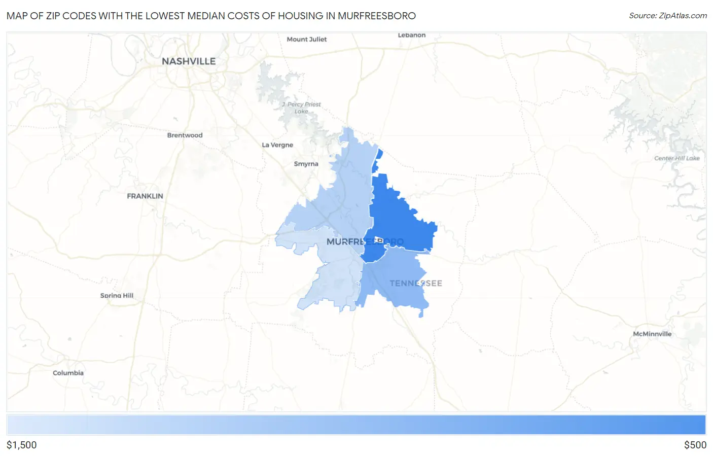 Zip Codes with the Lowest Median Costs of Housing in Murfreesboro Map