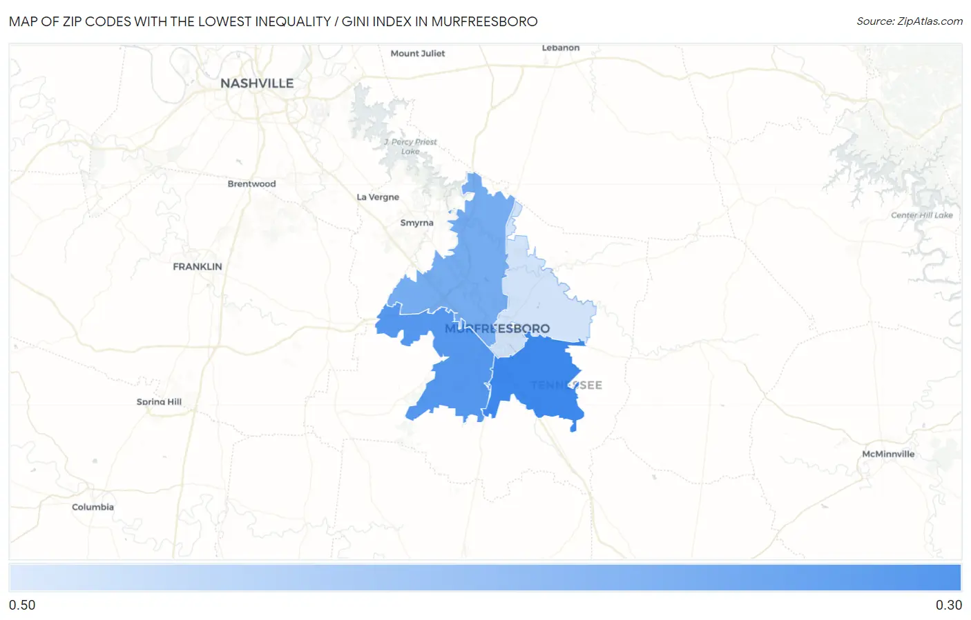 Zip Codes with the Lowest Inequality / Gini Index in Murfreesboro Map