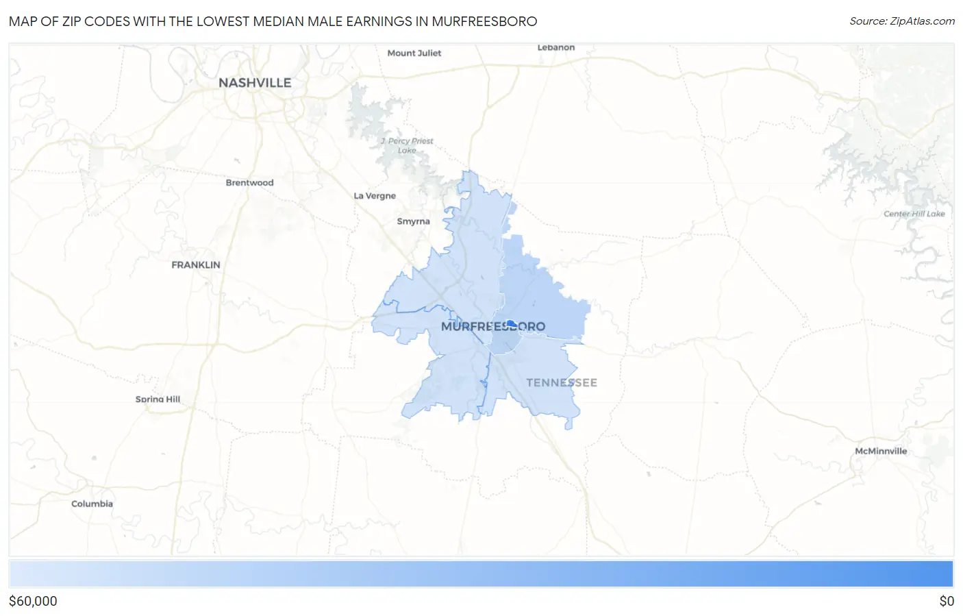 Zip Codes with the Lowest Median Male Earnings in Murfreesboro Map