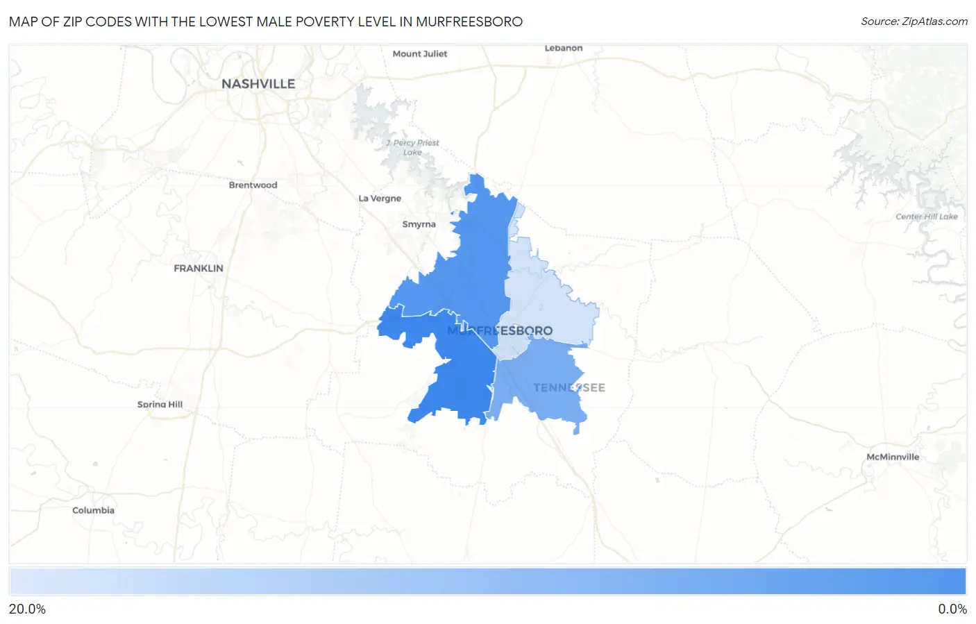 Zip Codes with the Lowest Male Poverty Level in Murfreesboro Map