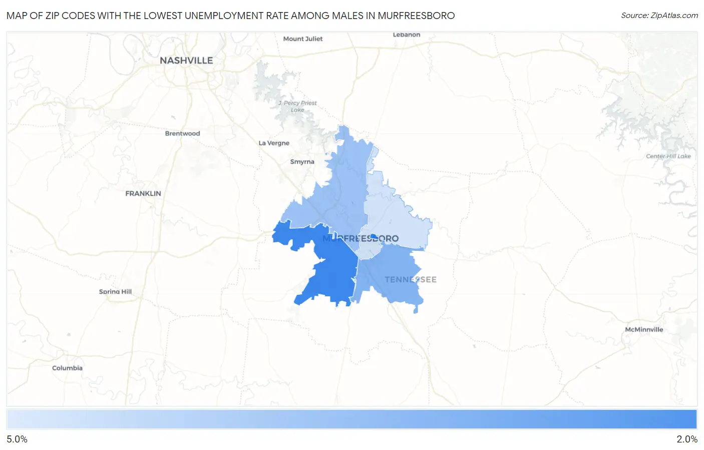 Zip Codes with the Lowest Unemployment Rate Among Males in Murfreesboro Map