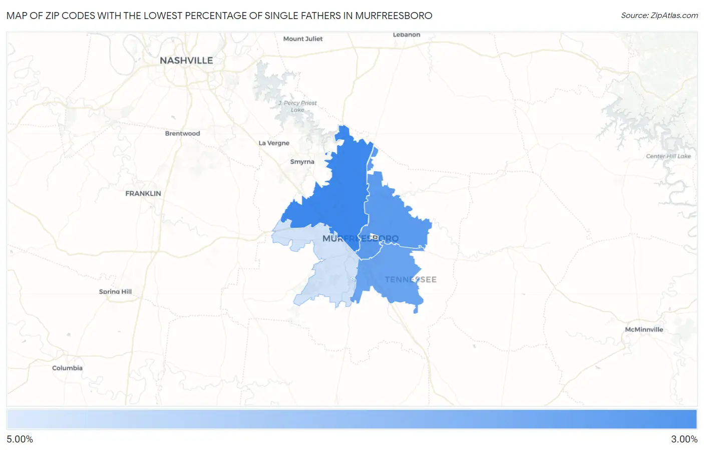Zip Codes with the Lowest Percentage of Single Fathers in Murfreesboro Map
