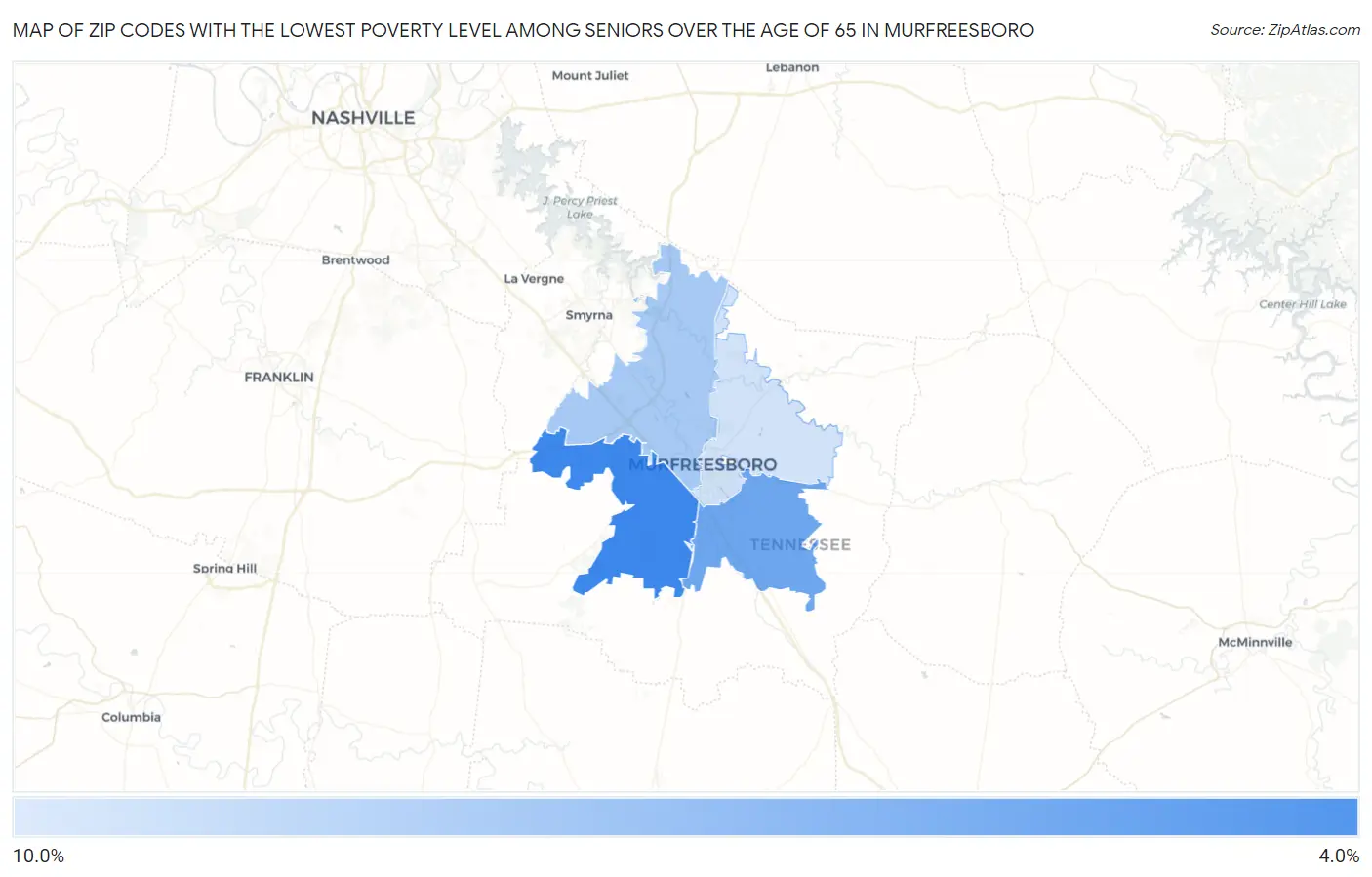 Zip Codes with the Lowest Poverty Level Among Seniors Over the Age of 65 in Murfreesboro Map