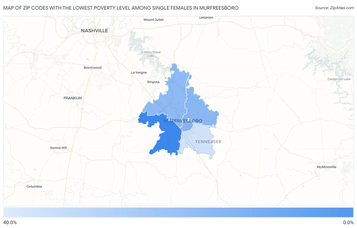 Zip Codes with the Lowest Poverty Level Among Single Females in Murfreesboro Map