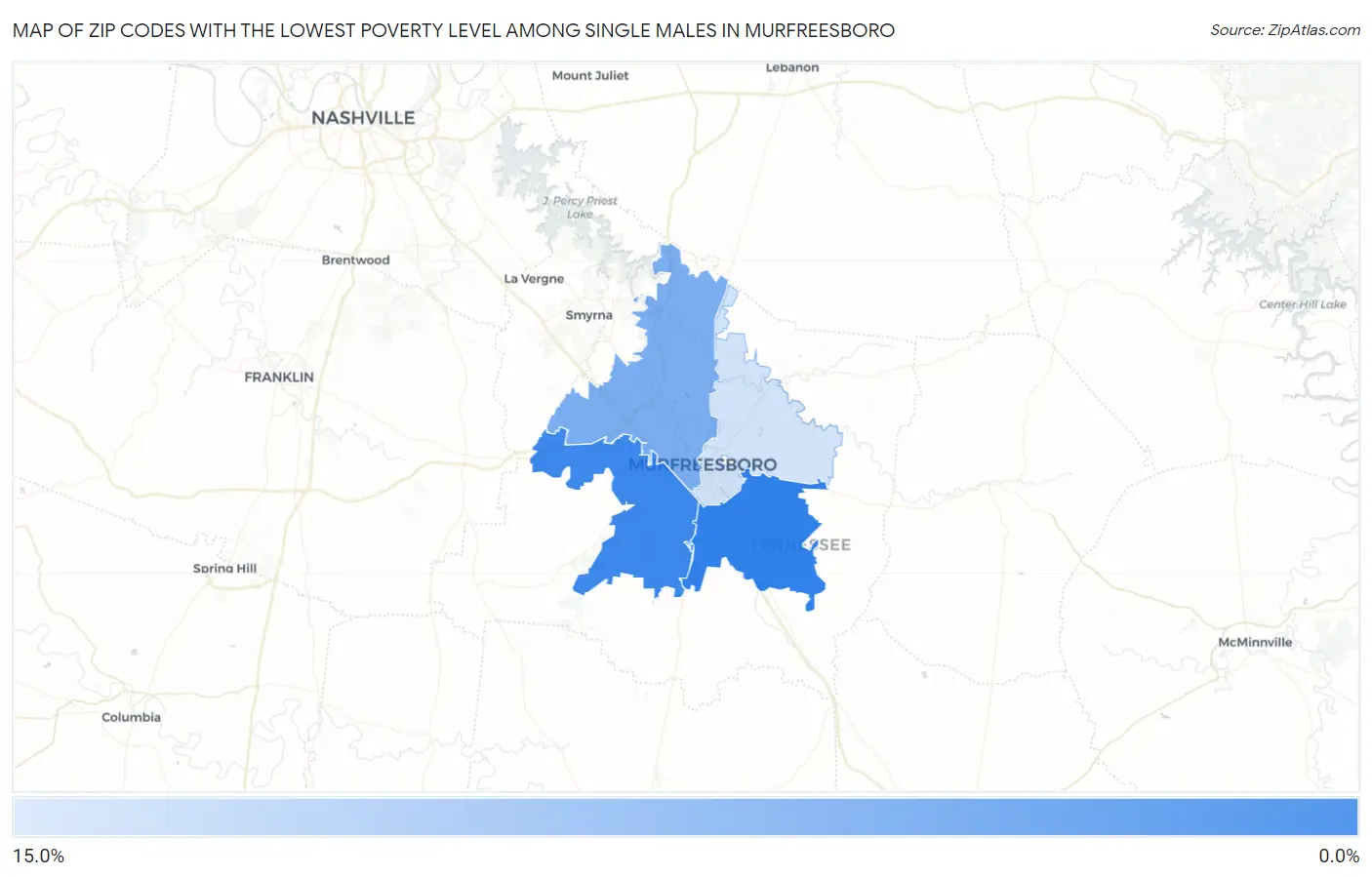 Zip Codes with the Lowest Poverty Level Among Single Males in Murfreesboro Map