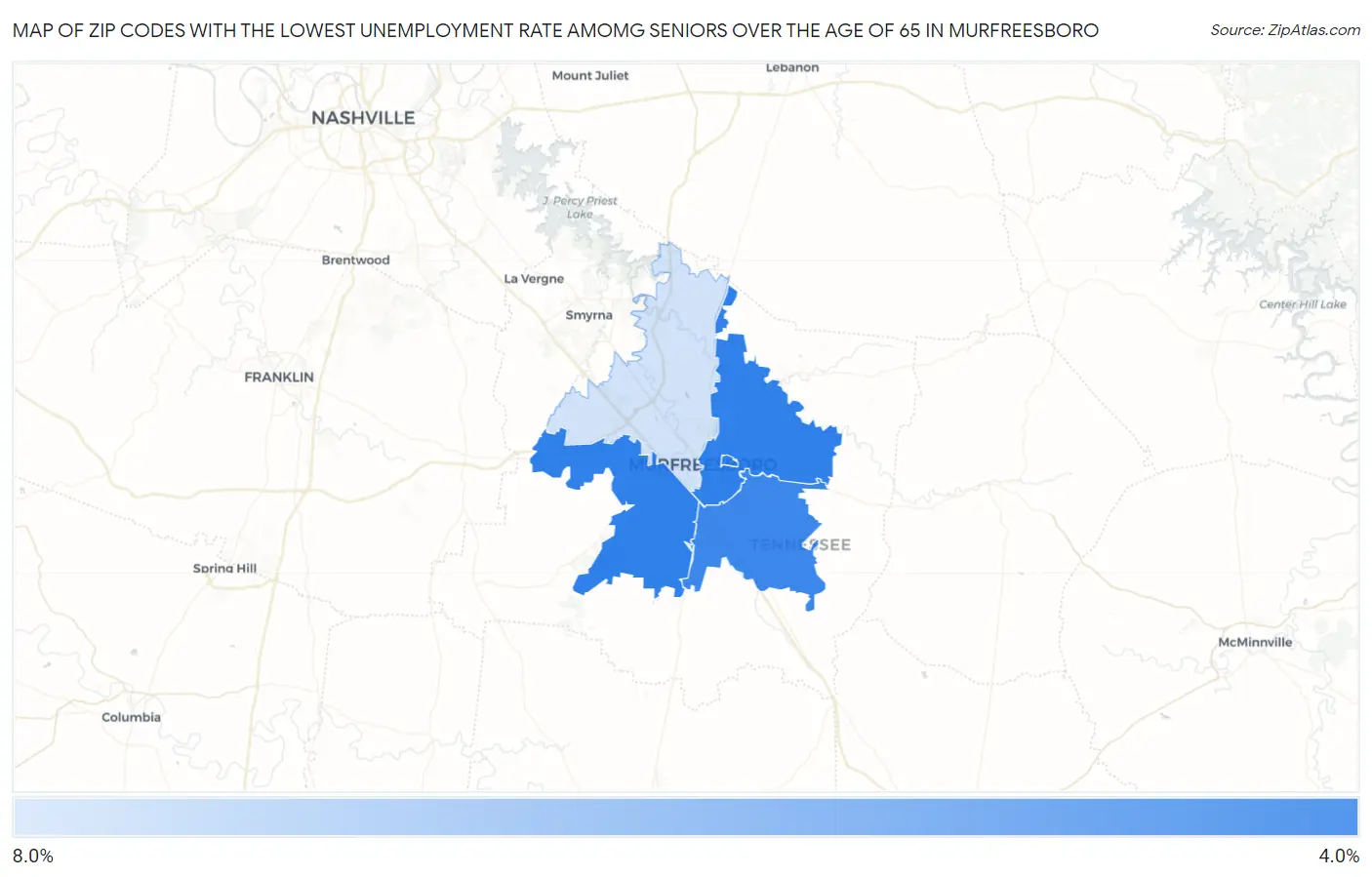 Zip Codes with the Lowest Unemployment Rate Amomg Seniors Over the Age of 65 in Murfreesboro Map