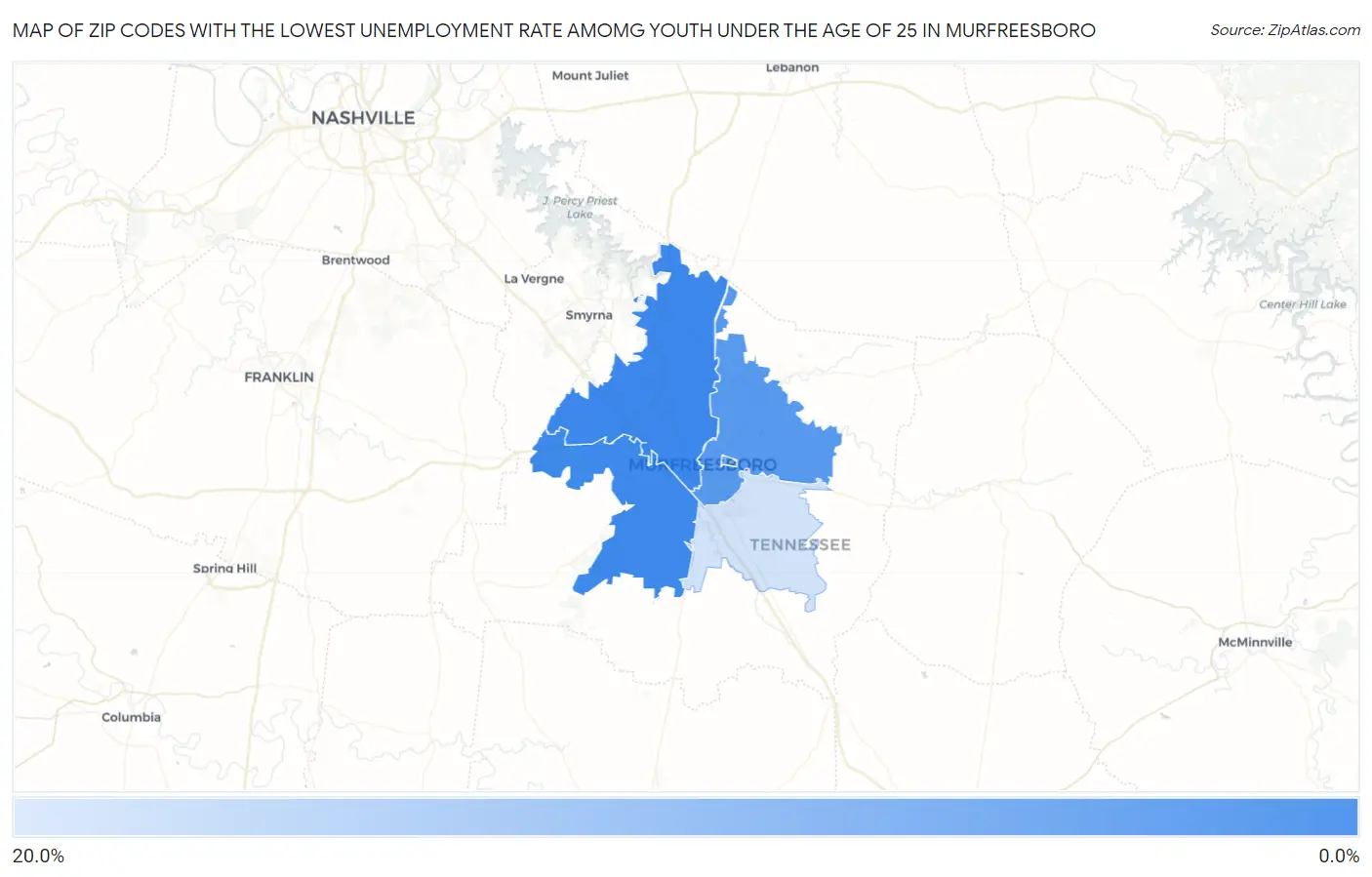 Zip Codes with the Lowest Unemployment Rate Amomg Youth Under the Age of 25 in Murfreesboro Map