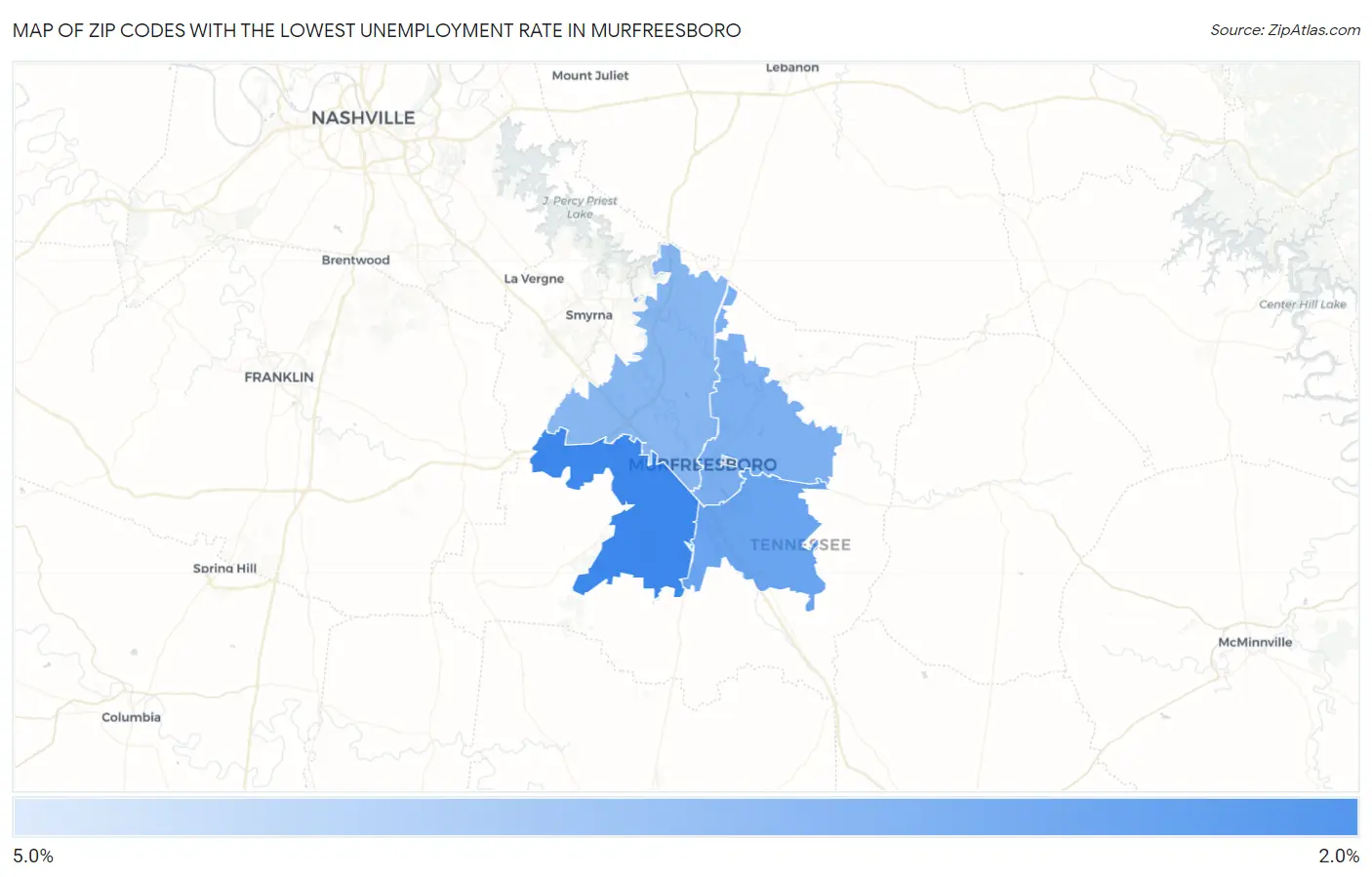 Zip Codes with the Lowest Unemployment Rate in Murfreesboro Map