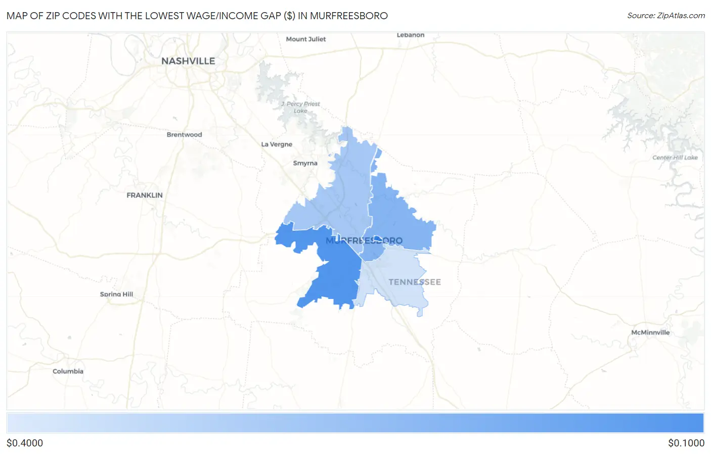 Zip Codes with the Lowest Wage/Income Gap ($) in Murfreesboro Map