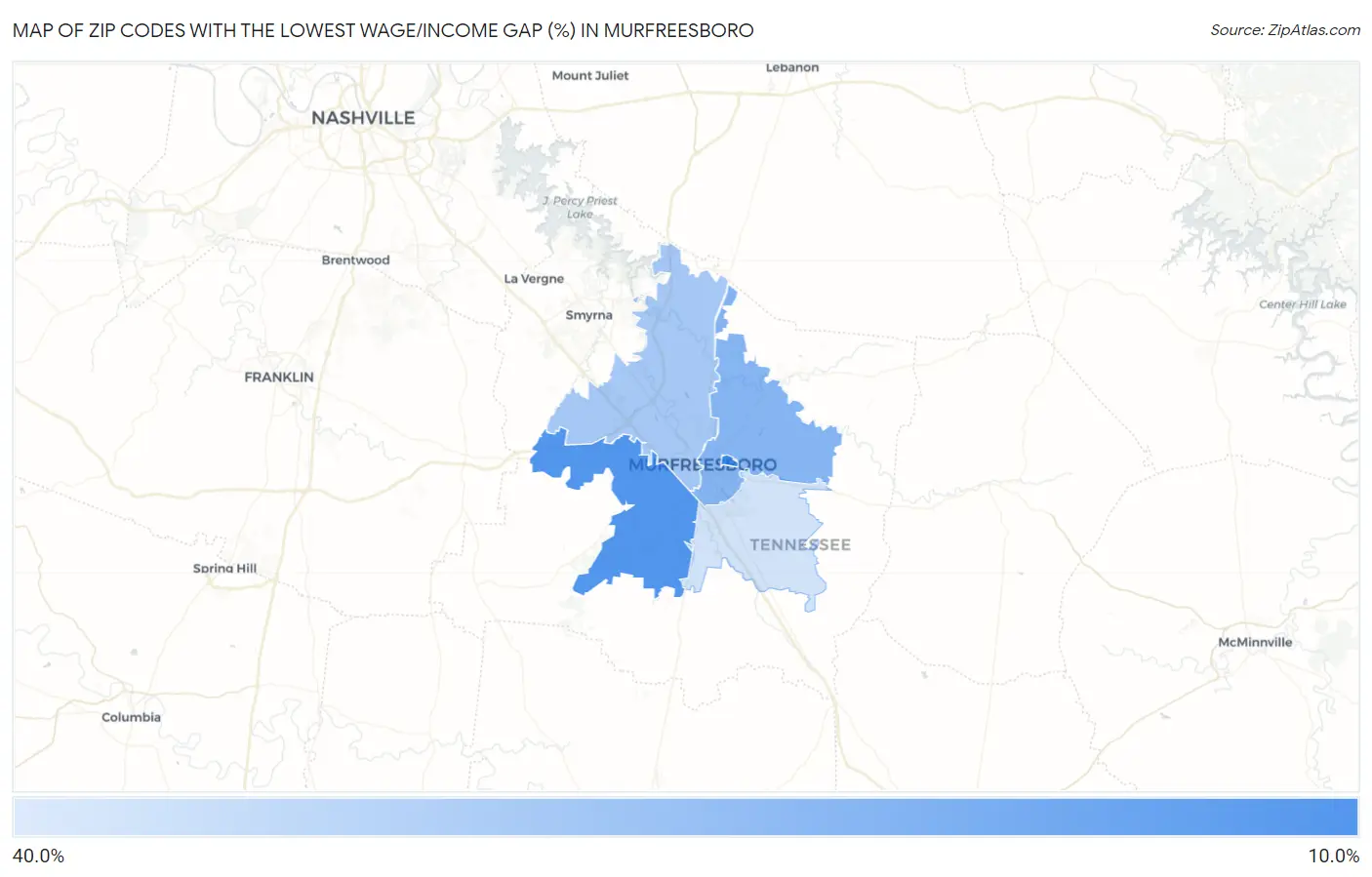 Zip Codes with the Lowest Wage/Income Gap (%) in Murfreesboro Map