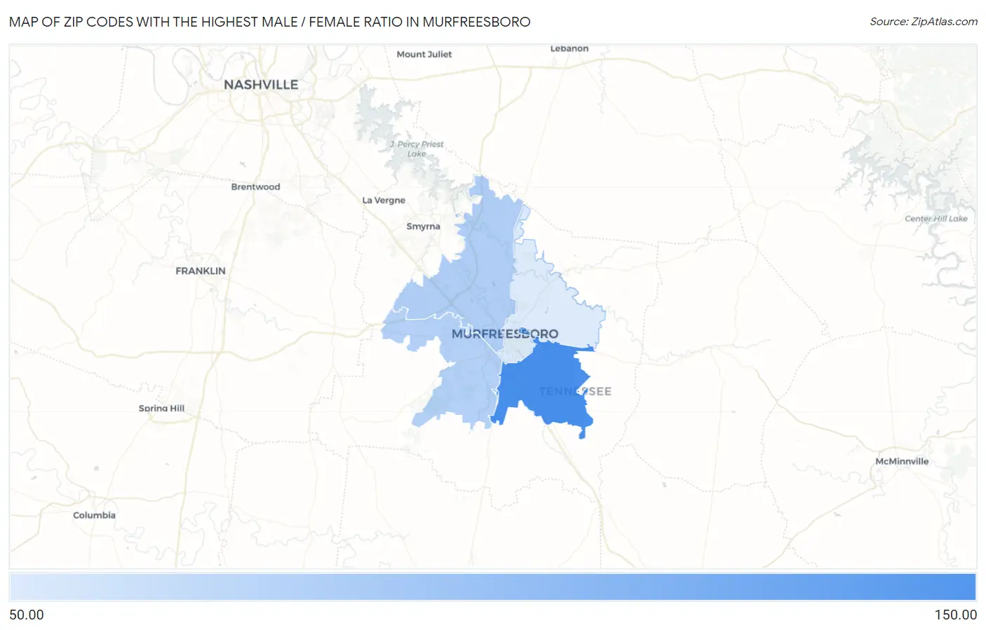 Zip Codes with the Highest Male / Female Ratio in Murfreesboro Map