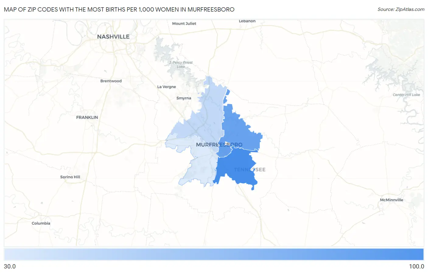 Zip Codes with the Most Births per 1,000 Women in Murfreesboro Map