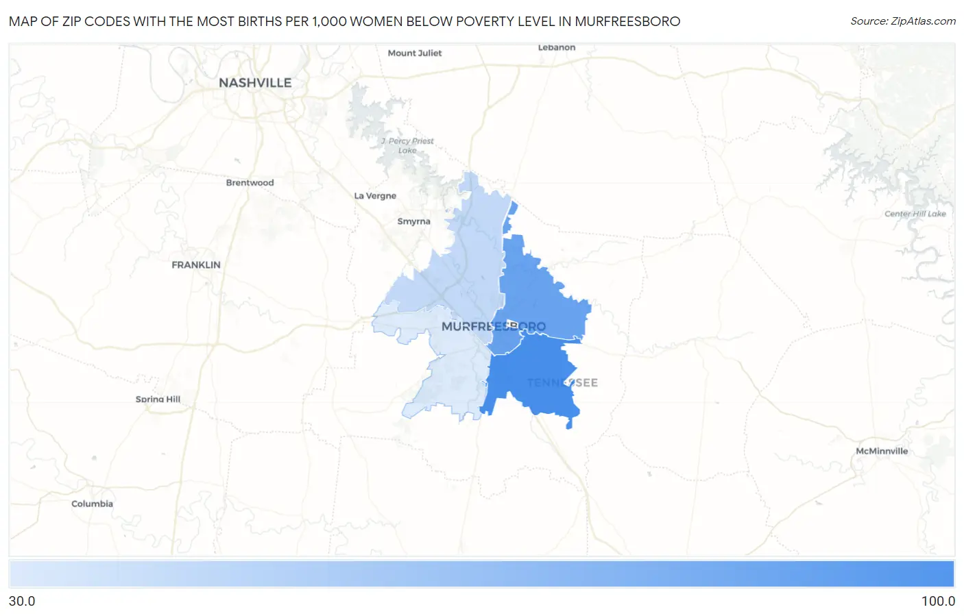 Zip Codes with the Most Births per 1,000 Women Below Poverty Level in Murfreesboro Map