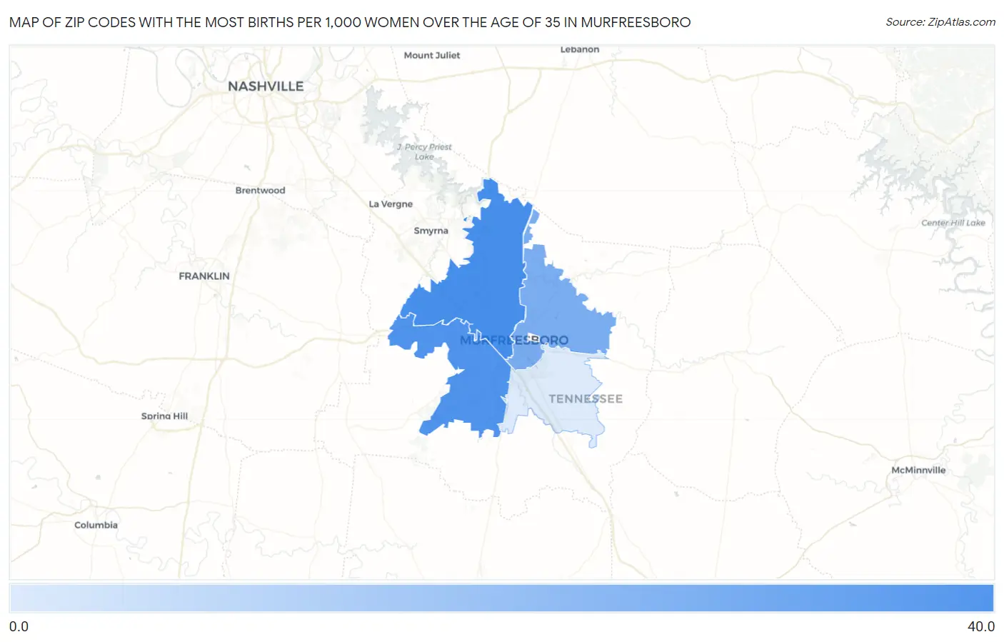 Zip Codes with the Most Births per 1,000 Women Over the Age of 35 in Murfreesboro Map