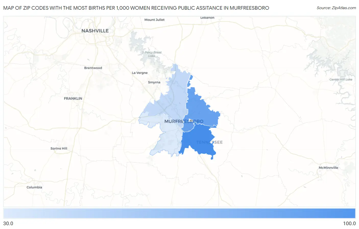Zip Codes with the Most Births per 1,000 Women Receiving Public Assitance in Murfreesboro Map