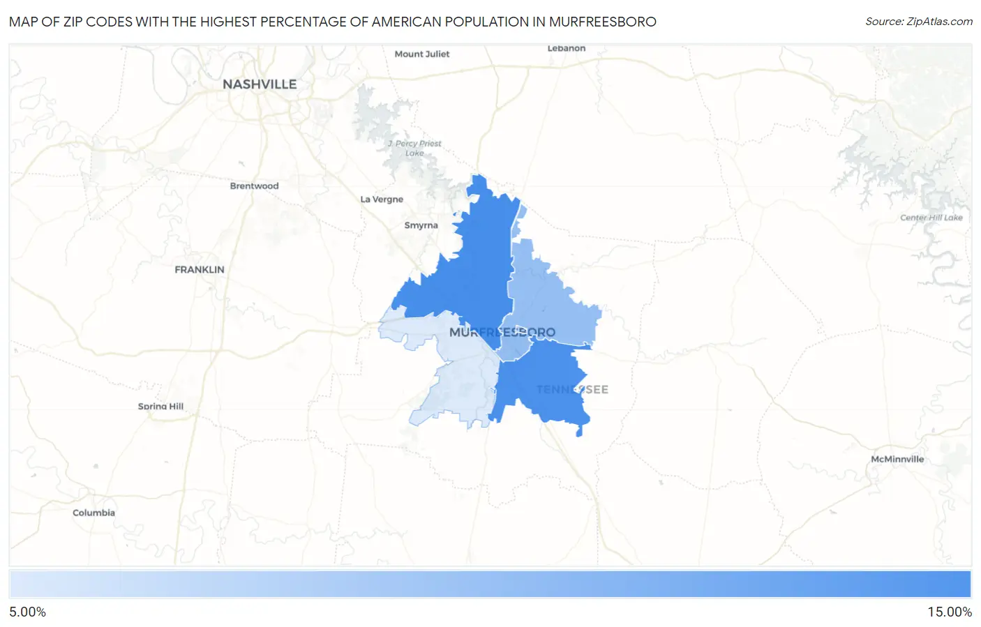 Zip Codes with the Highest Percentage of American Population in Murfreesboro Map