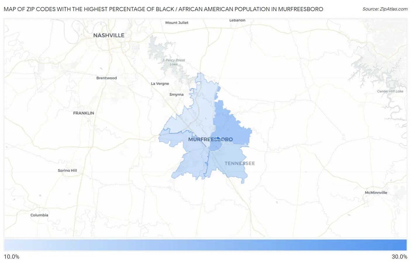 Zip Codes with the Highest Percentage of Black / African American Population in Murfreesboro Map