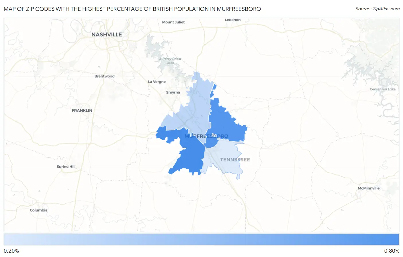 Zip Codes with the Highest Percentage of British Population in Murfreesboro Map