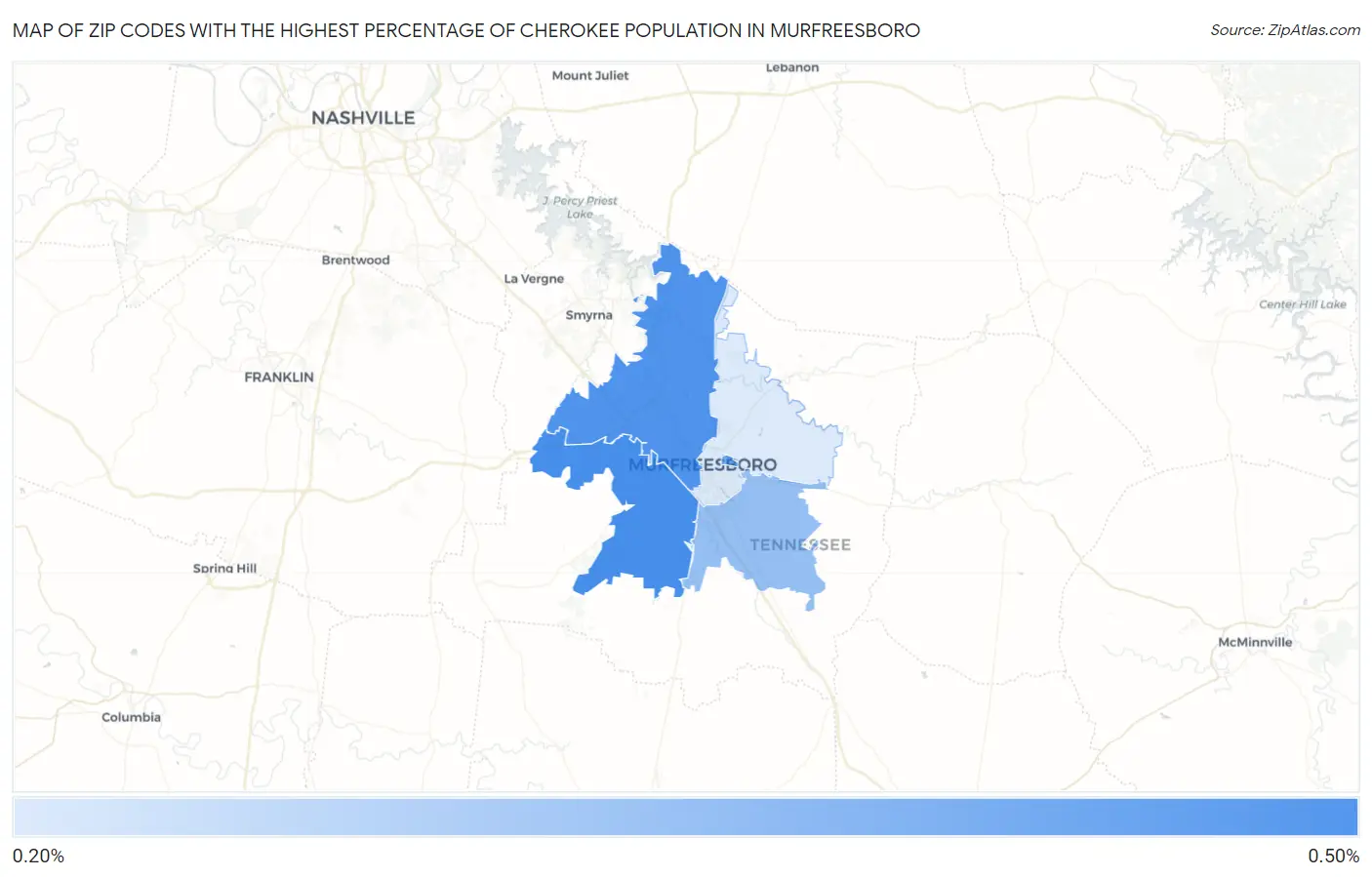 Zip Codes with the Highest Percentage of Cherokee Population in Murfreesboro Map