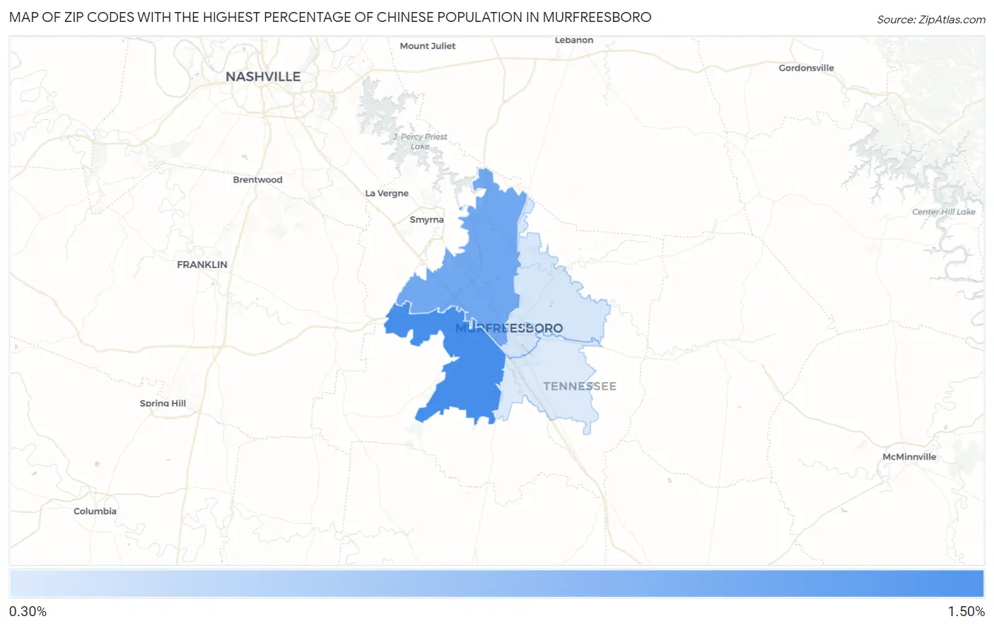 Zip Codes with the Highest Percentage of Chinese Population in Murfreesboro Map