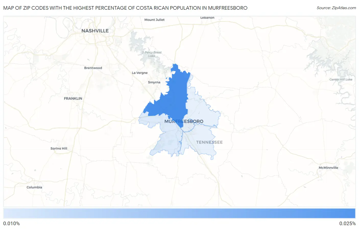 Zip Codes with the Highest Percentage of Costa Rican Population in Murfreesboro Map